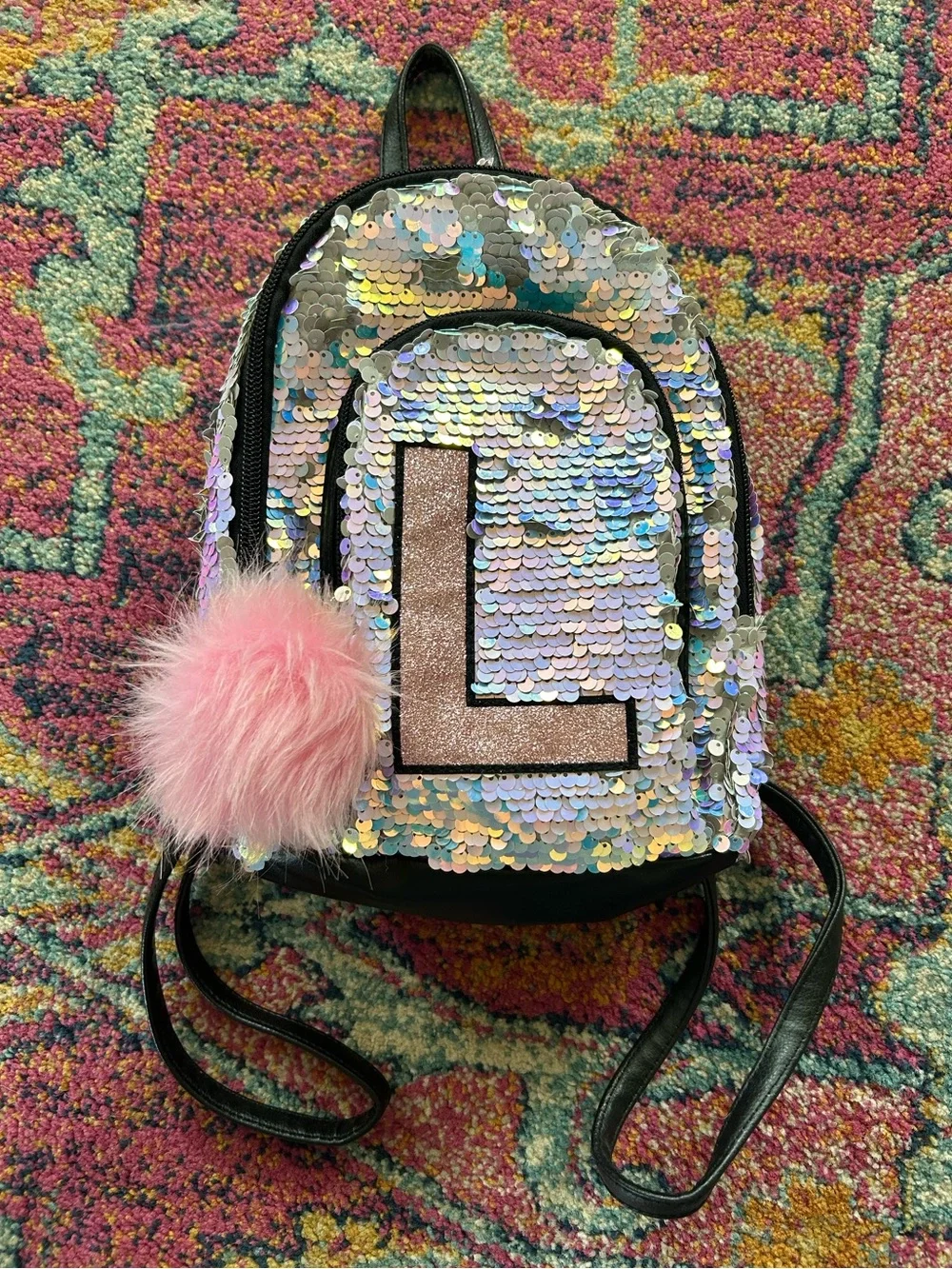 Justice | Girls Iridescent Sequin Mini Backpack with Pink Pom Pom and Letter L